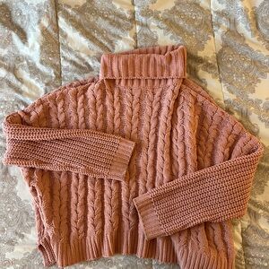 Cozy Pink Cable Knit Turtleneck Sweater
